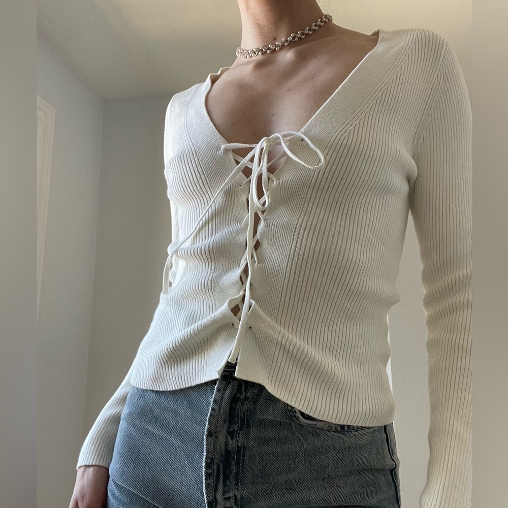 Abercrombie & Fitch Elevated Knit Sim Lace Up Cardigan | Color: Cream | Size: S
